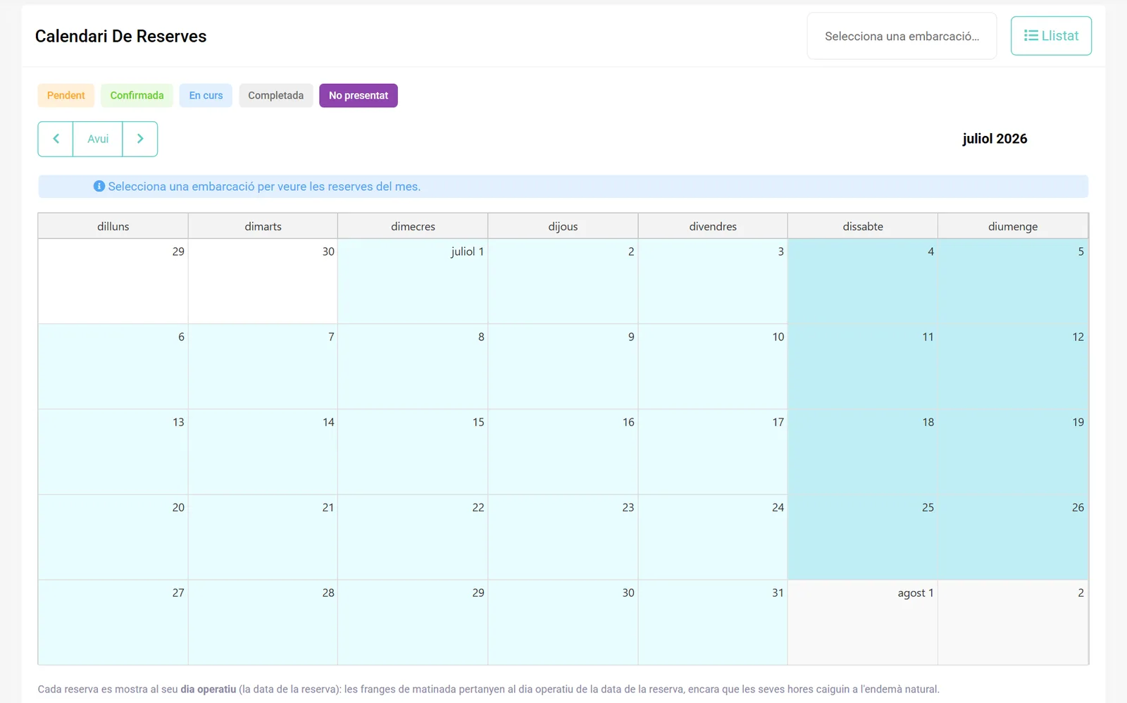 Calendario mensual de reservas de NavigateClub con los estados de cada reserva